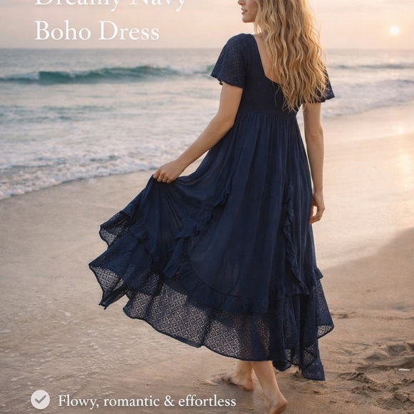 Free People Dresses & Skirts - Free People Flowy Romance Navy Lace Maxi Dress Whympsy Ethereal Cottagecore SZ M